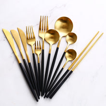 Load image into Gallery viewer, Black gold cutlery set