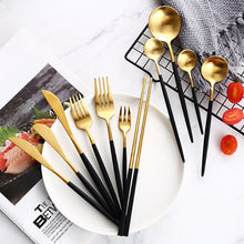 Load image into Gallery viewer, Black gold cutlery set